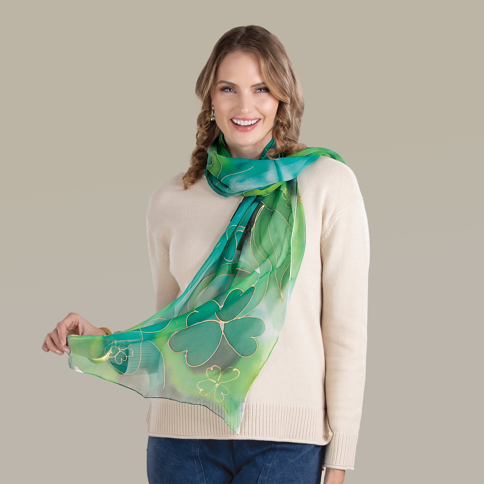 Hand-Painted Charming Clovers Silk Scarf