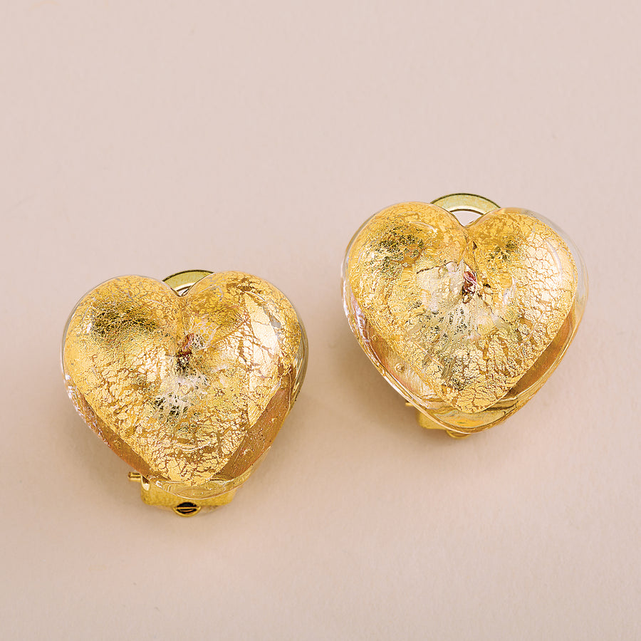 Murano Glass Gold Heart Clip-On Earrings