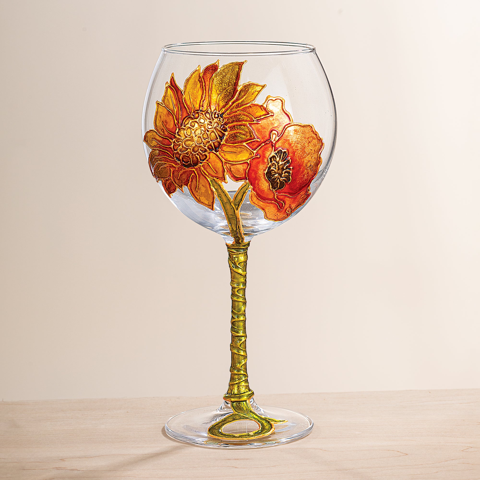 Hand-Gilded Sunflower & Chrysanthemum Wine Glass