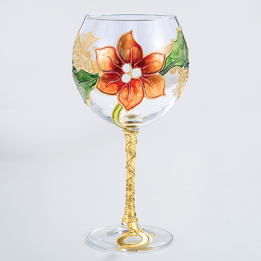 Hand-Gilded Pretty Poinsettia Wine Glass