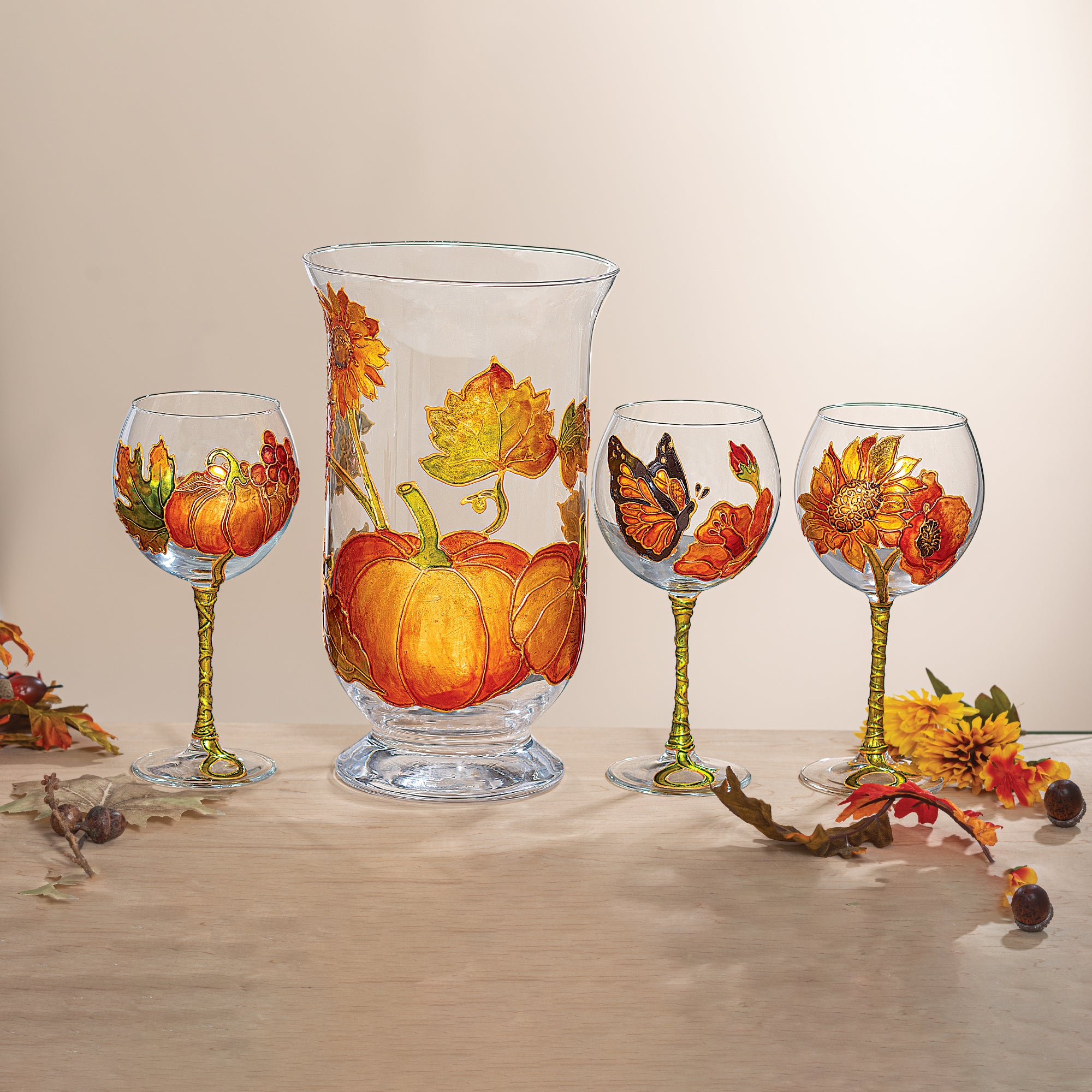 Hand-Gilded Sunflower & Chrysanthemum Wine Glass