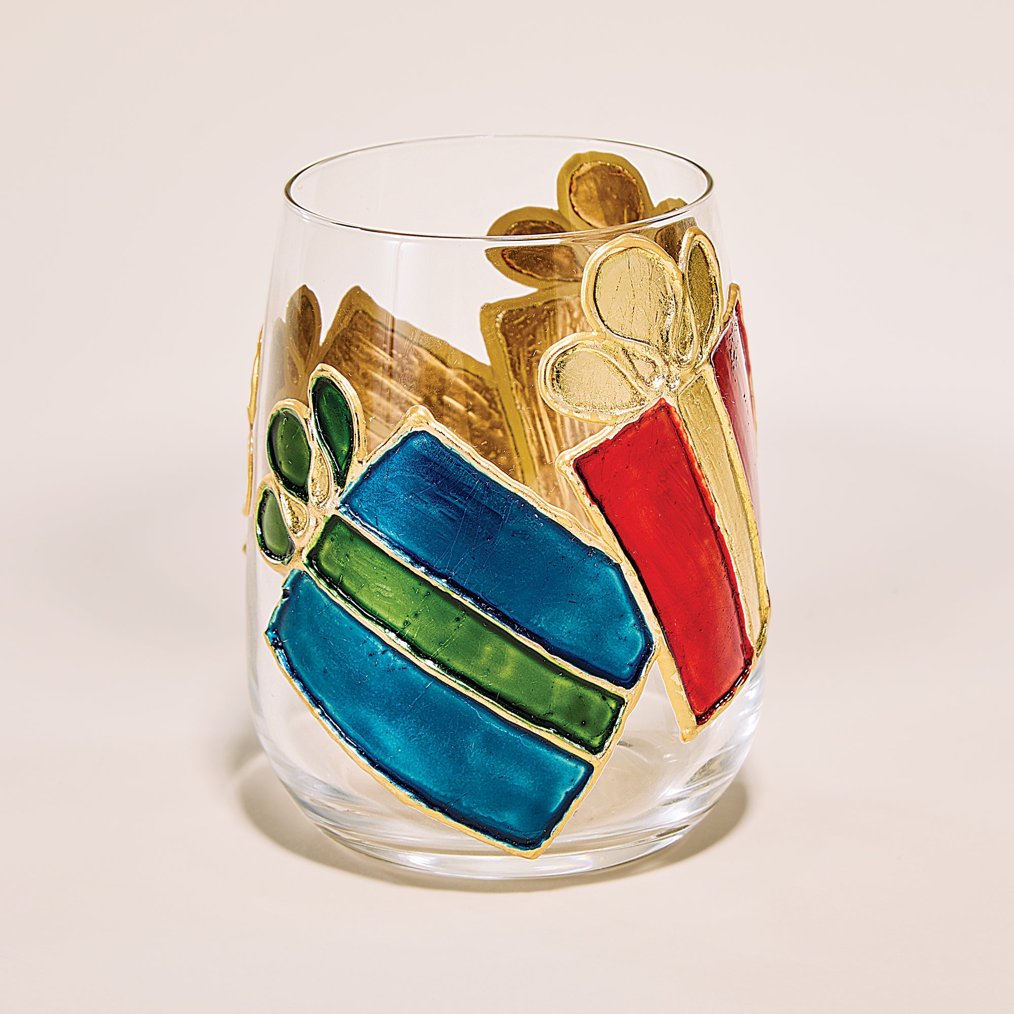 Hand-Gilded Christmas Present Stemless Glass