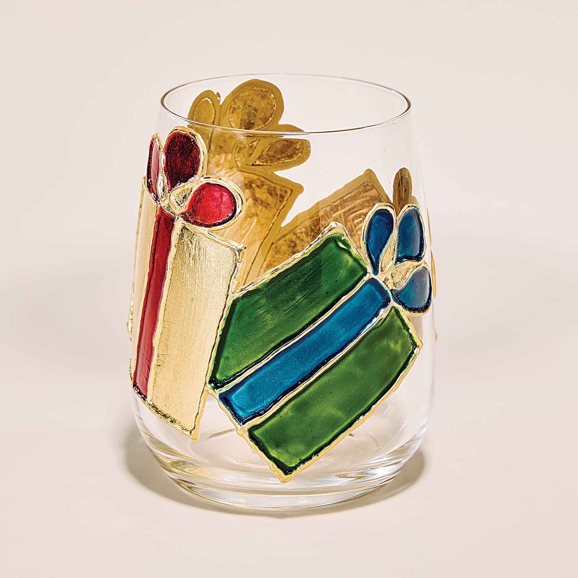 Hand-Gilded Christmas Present Stemless Glass