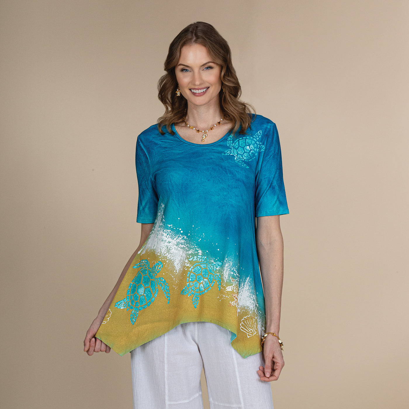 Hand-Painted Shoreline Sea Turtles Blouse