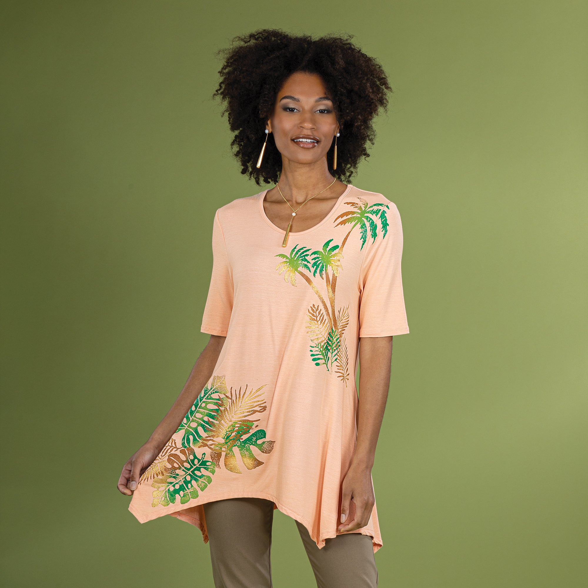 Hand-Painted Palms On Peach Blouse