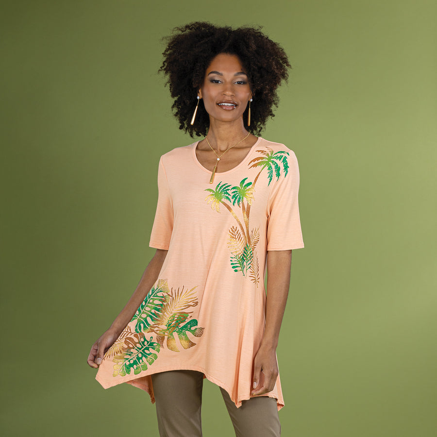 Hand-Painted Palms On Peach Blouse
