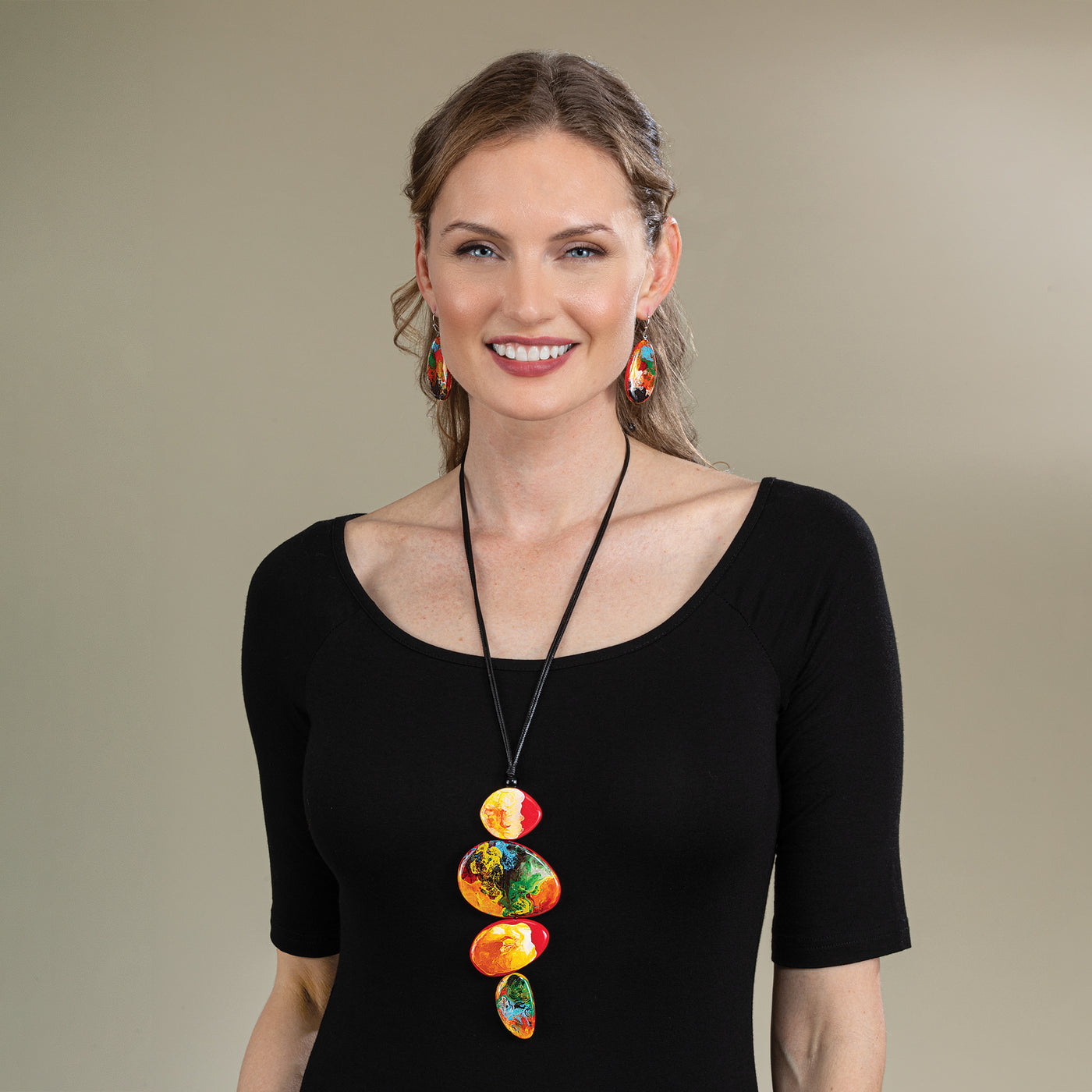 Hand-Painted Earth Tones Necklace & Earrings Set (Preorder)