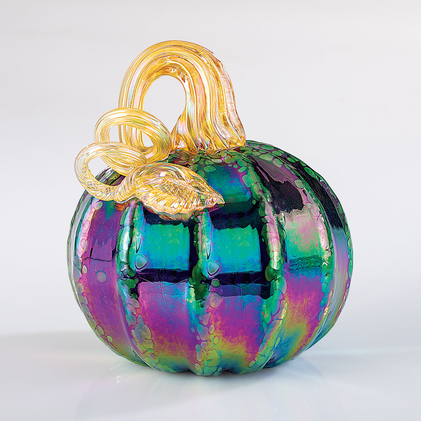 Hand-Blown Glass Iridescent Green Mirror Pumpkin