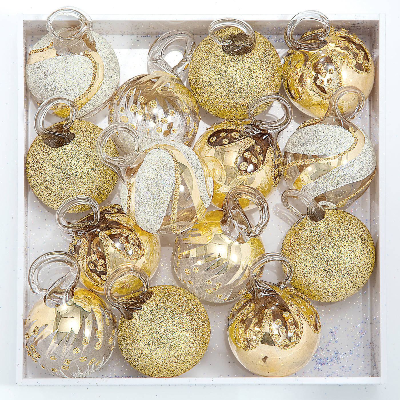 Hand-Blown Venetian Glass Bianco E Oro Ornaments Set Of 14