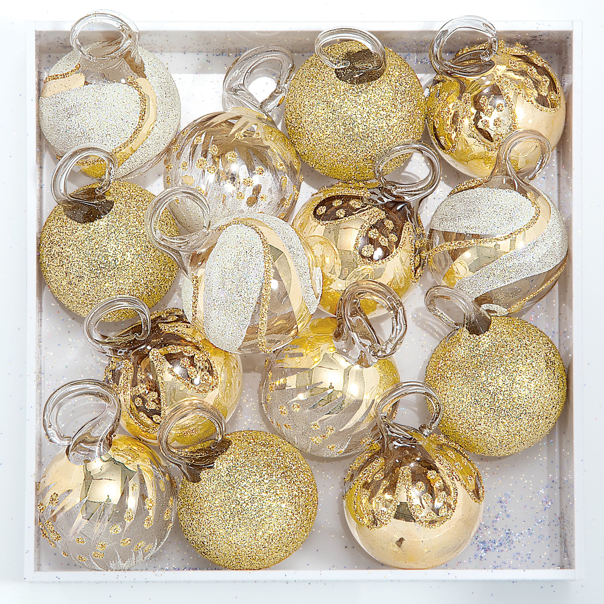 Hand-Blown Venetian Glass Bianco E Oro Ornaments Set Of 14