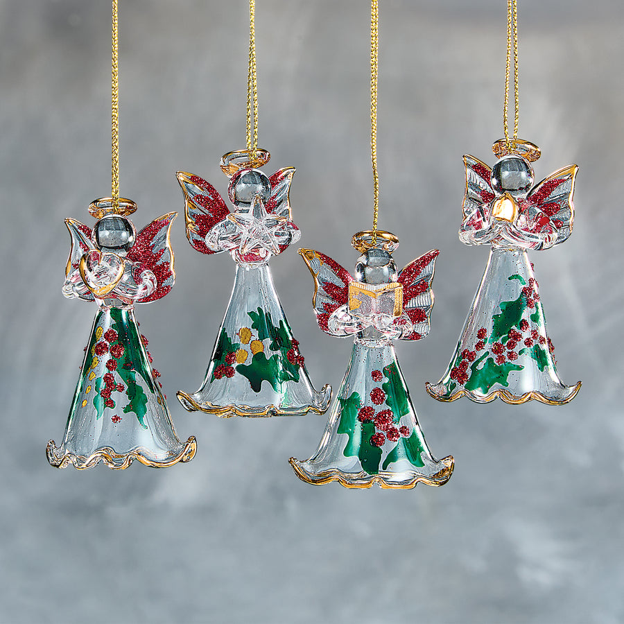 Hand-Blown Venetian Glass Holly Angel Ornaments Set Of 4