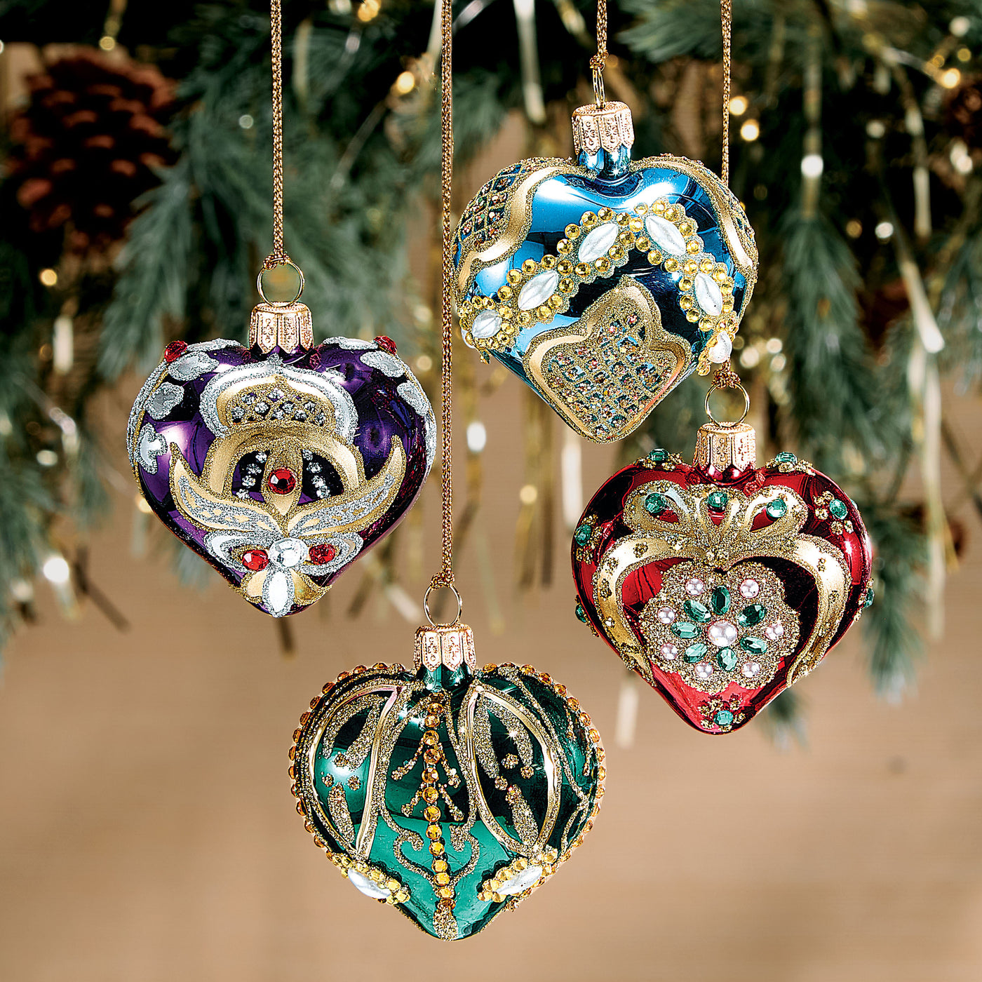 Jewel-Toned Sparkling Heart Ornaments Set Of 4