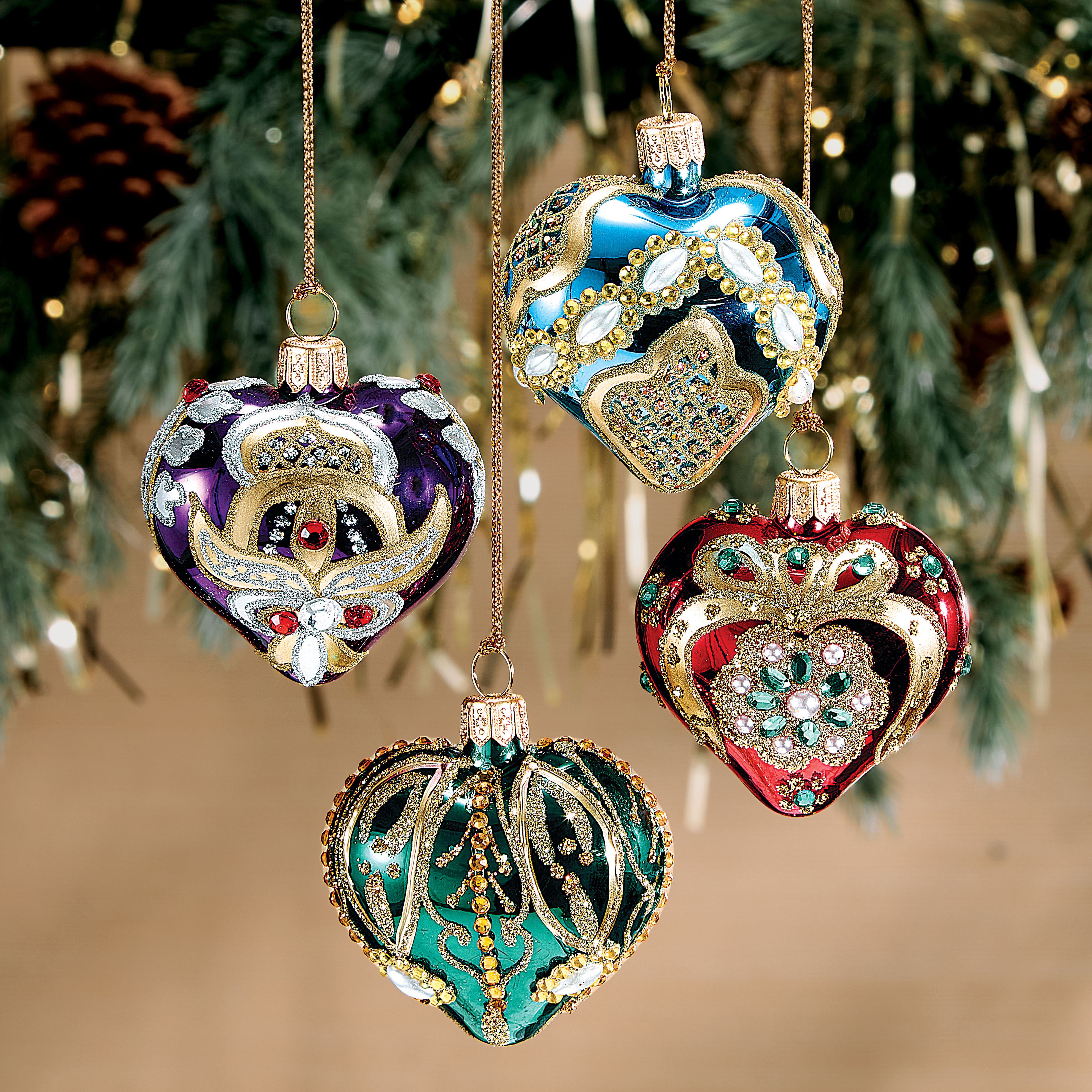 Jewel-Toned Sparkling Heart Ornaments Set Of 4