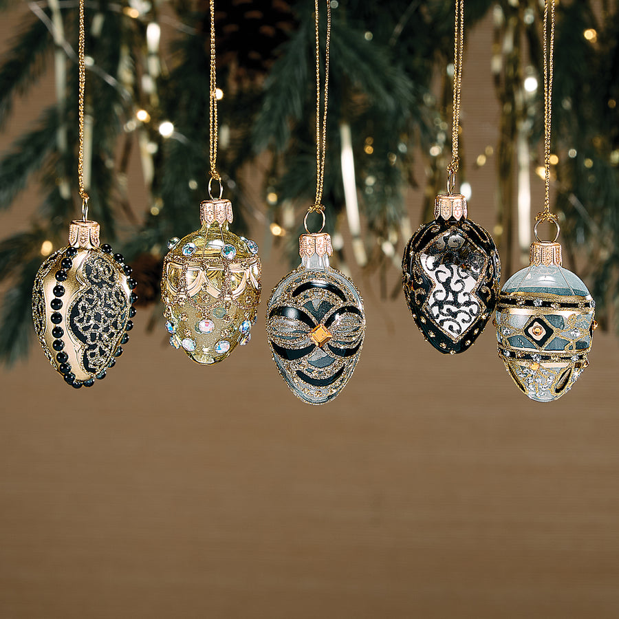 Embellished Black & Gold Ornaments Set Of 5