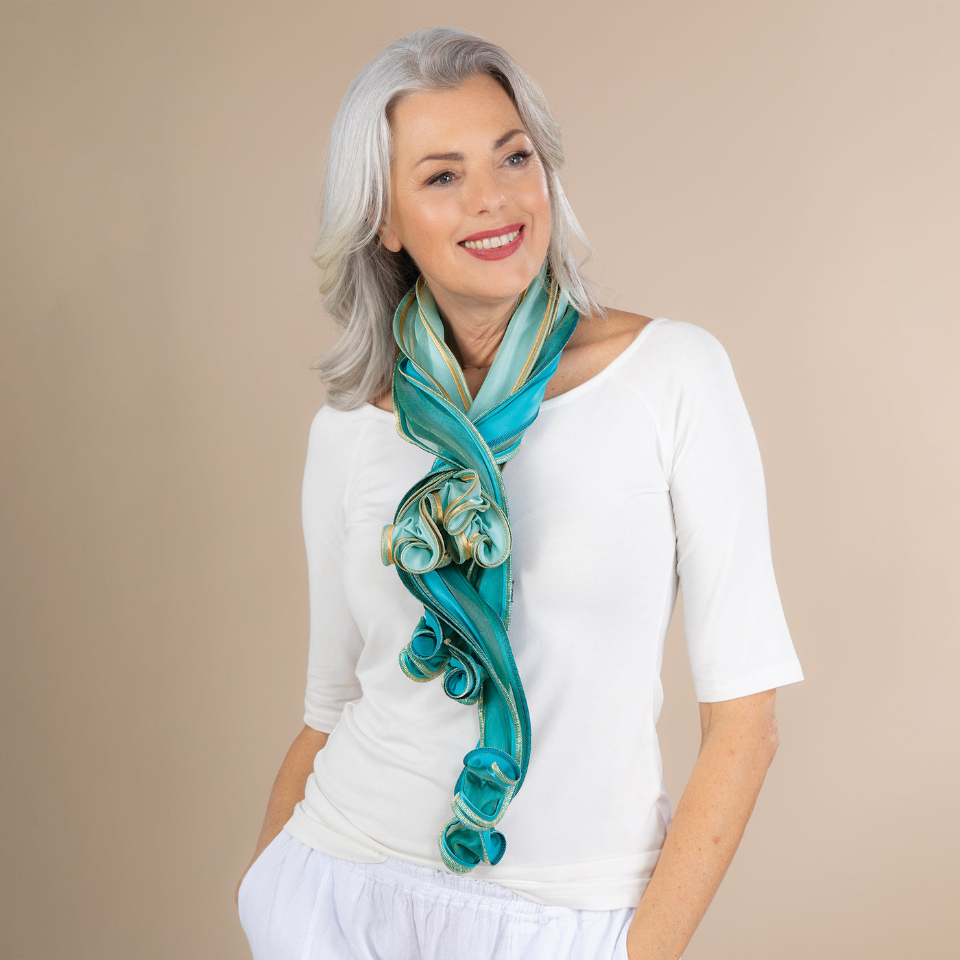 Aqua & Gold Short Sculptural Scarf