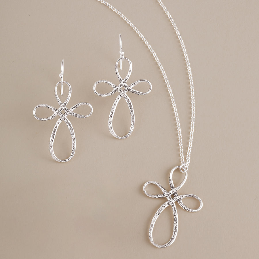 Sterling Silver Textured Cross Necklace & Earrings Set