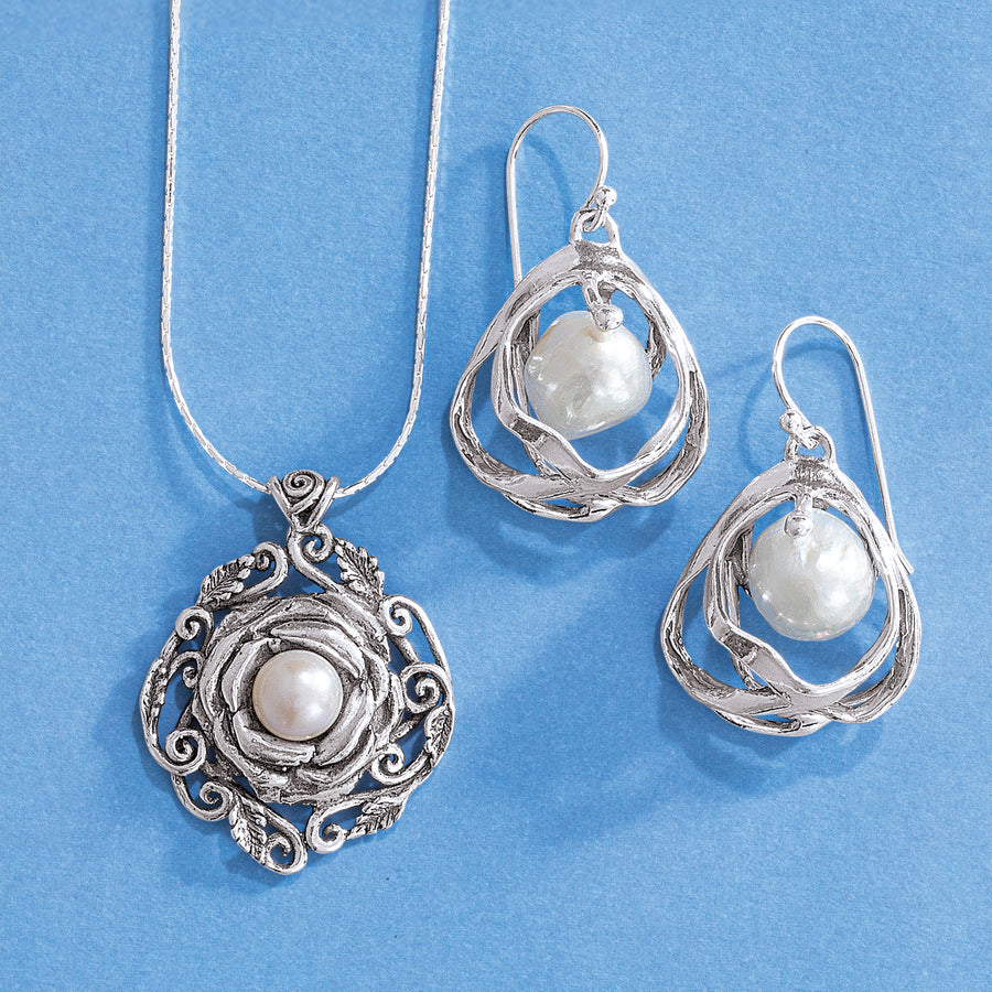 Sterling Silver Nestled Pearls Necklace & Earrings Set