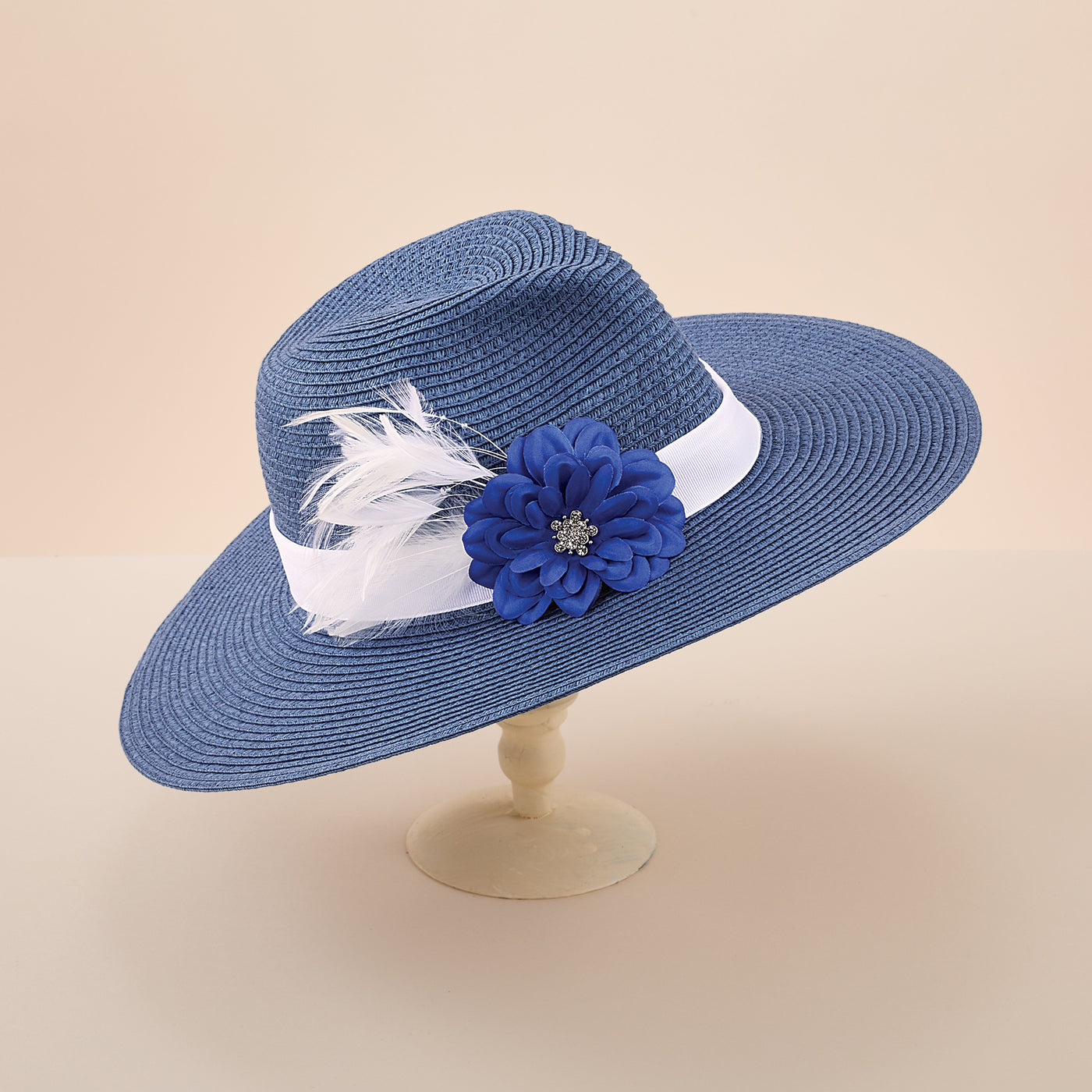 Sylvia Blue & White Wide-Brimmed Fedora