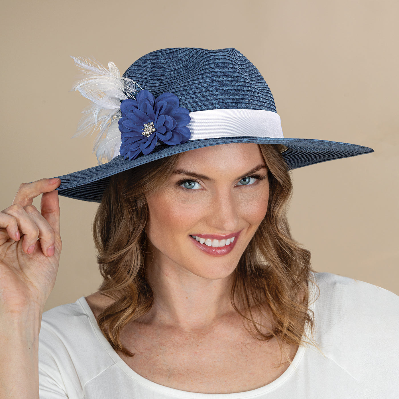 Sylvia Blue & White Wide-Brimmed Fedora