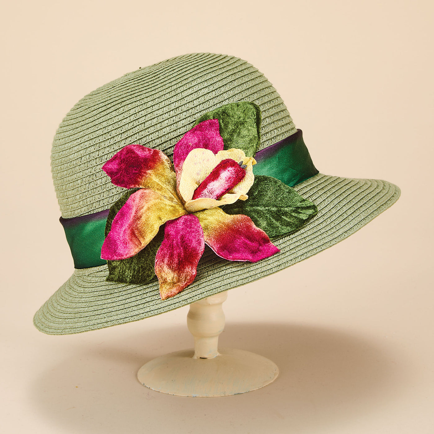 Catherine Iris Green Straw Cloche