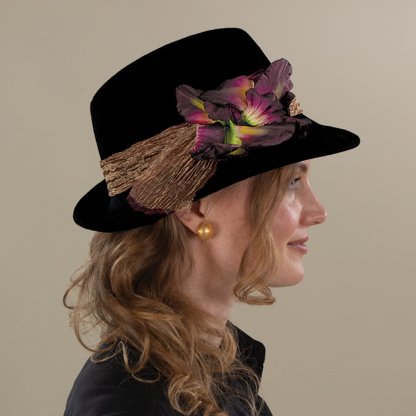 Isadora Black Wool Floral Fedora