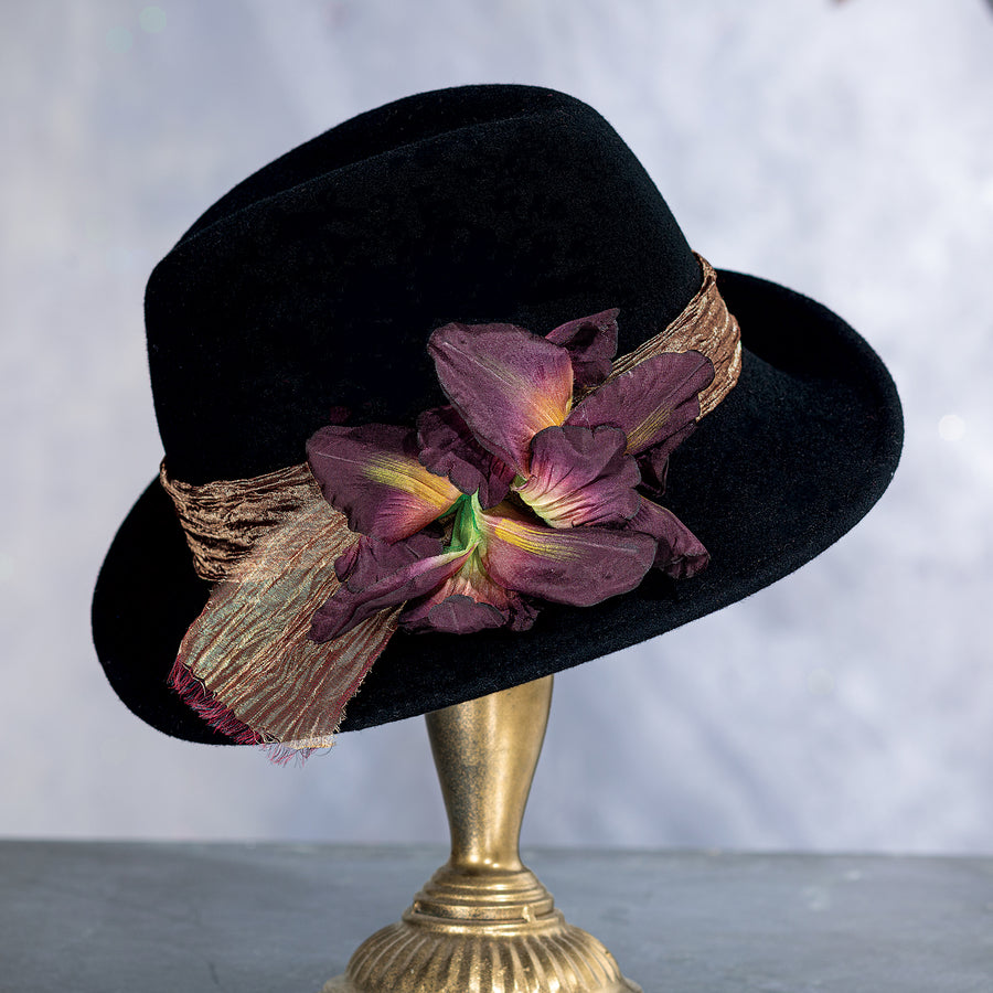 Isadora Black Wool Floral Fedora