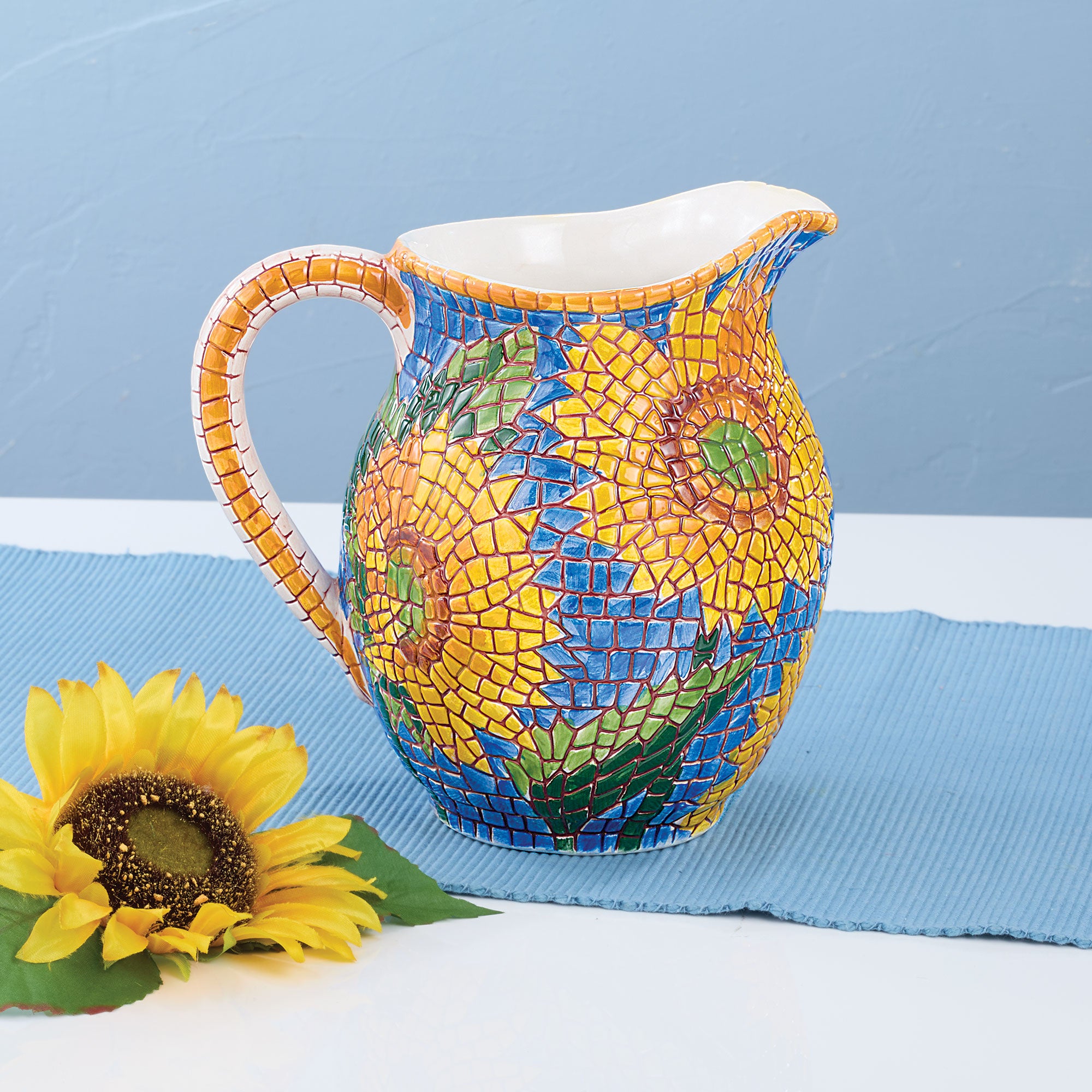 Italian Mosaic Blue Sunflower Pitcher