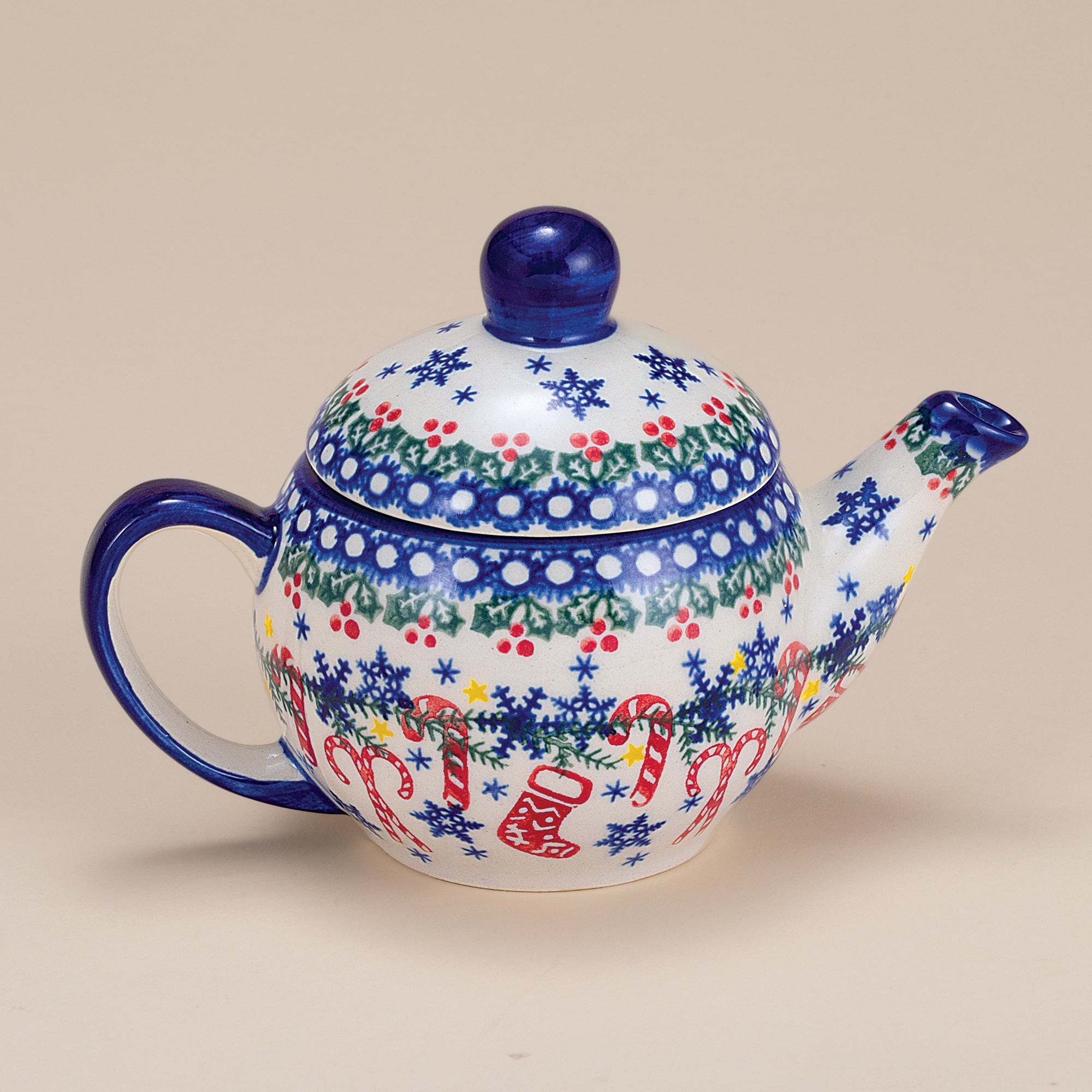 Polish Pottery Candy Cane Kisses Teapot With Strainer