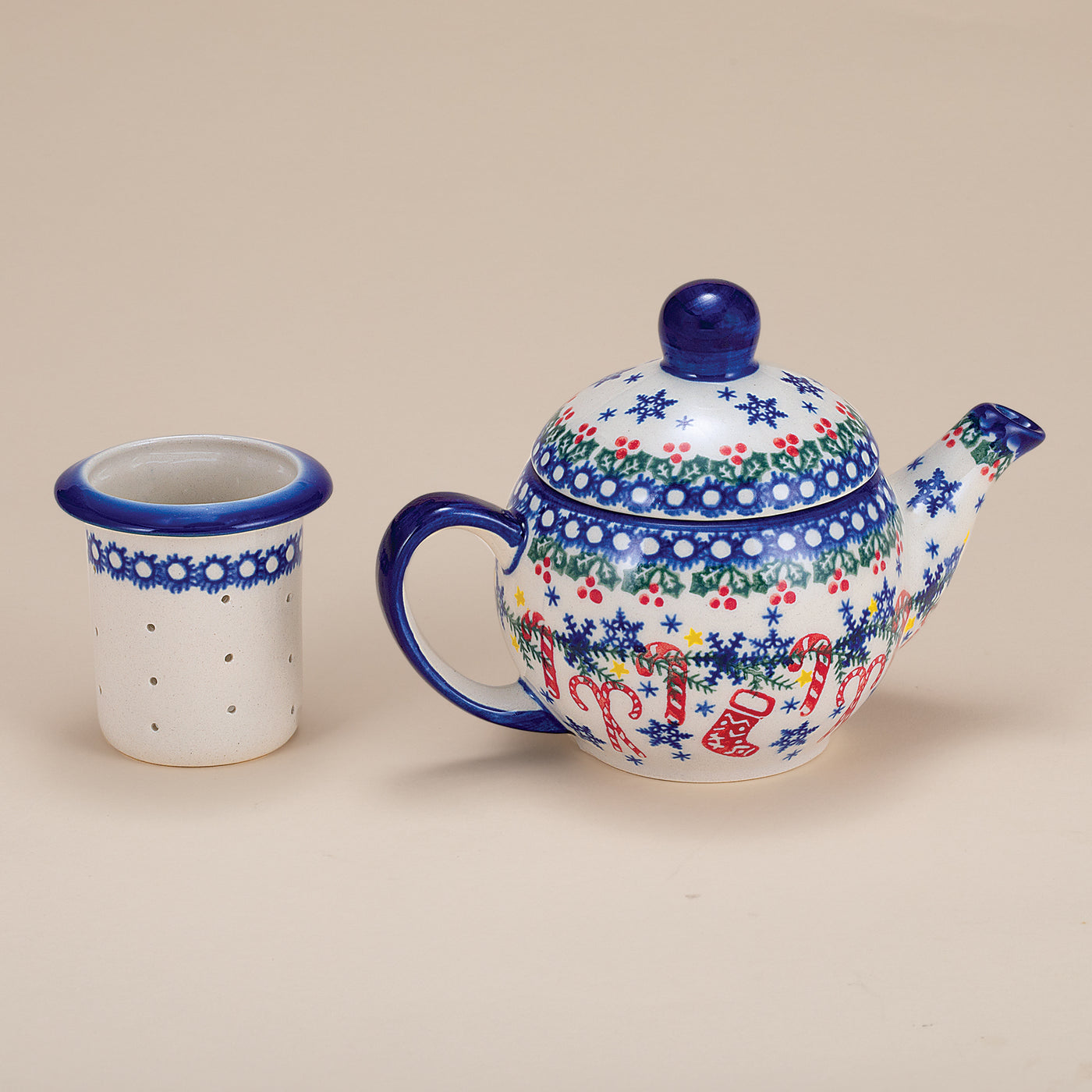 Polish Pottery Candy Cane Kisses Teapot With Strainer