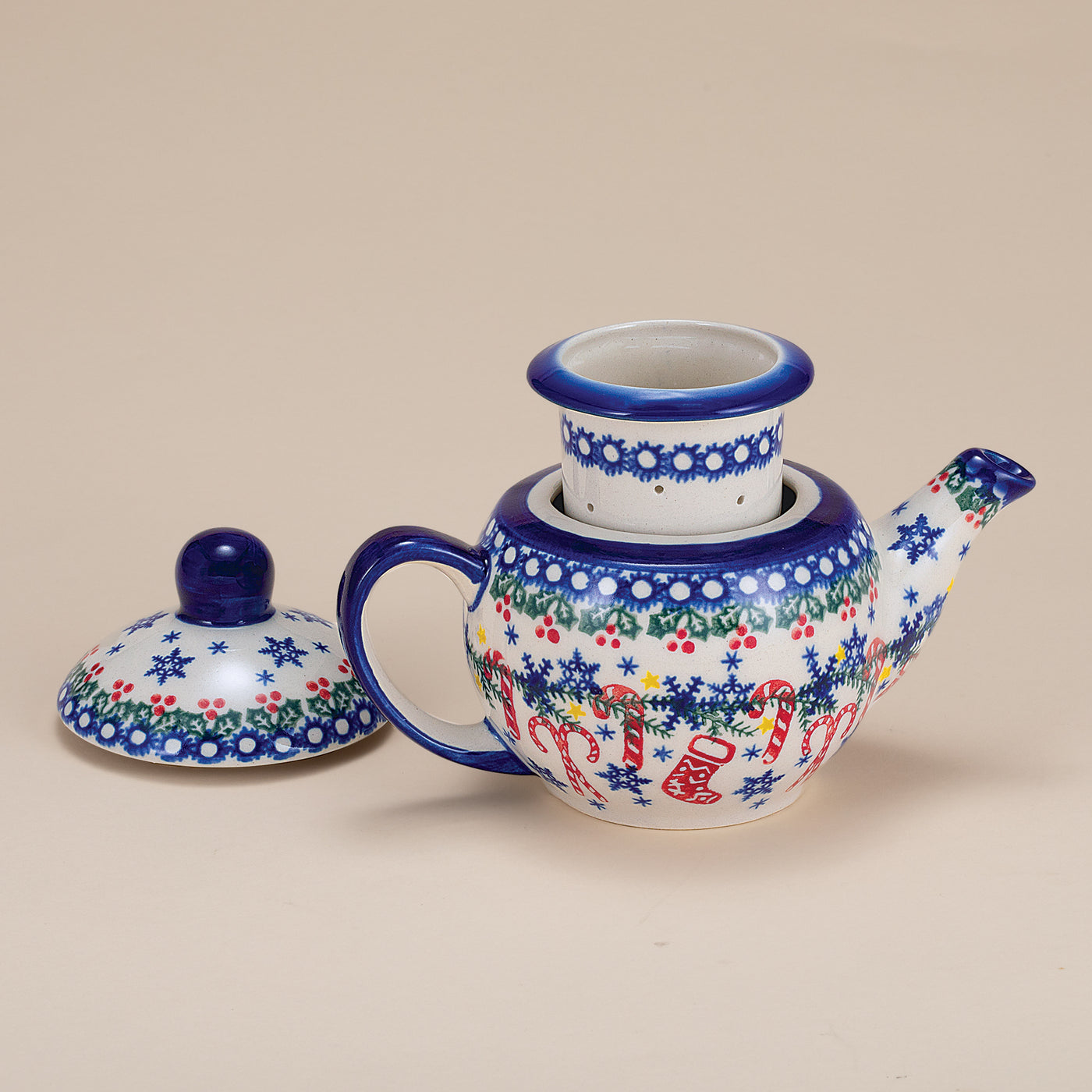 Polish Pottery Candy Cane Kisses Teapot With Strainer