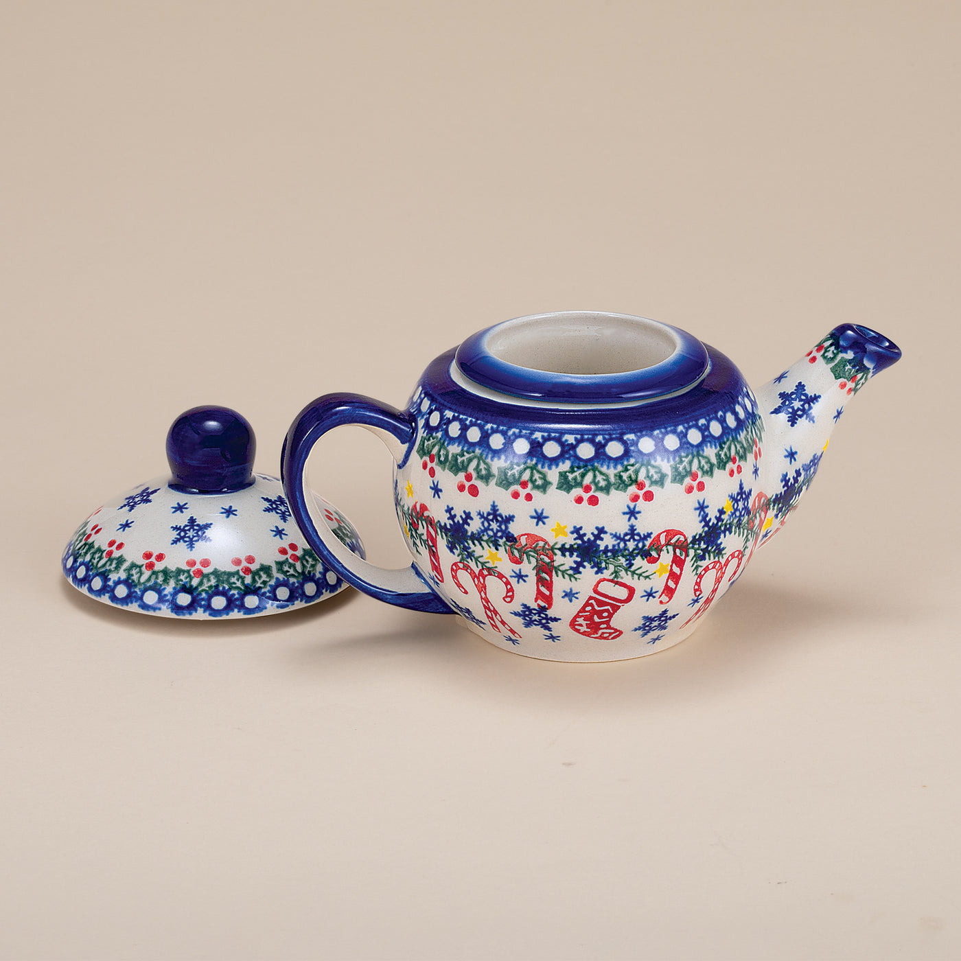 Polish Pottery Candy Cane Kisses Teapot With Strainer