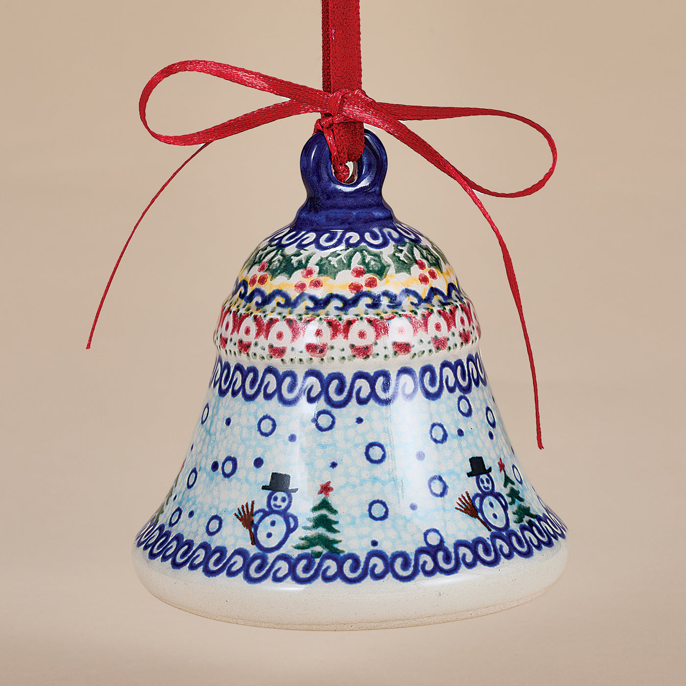 Polish Pottery Flurry Of Snowmen Bell Ornament