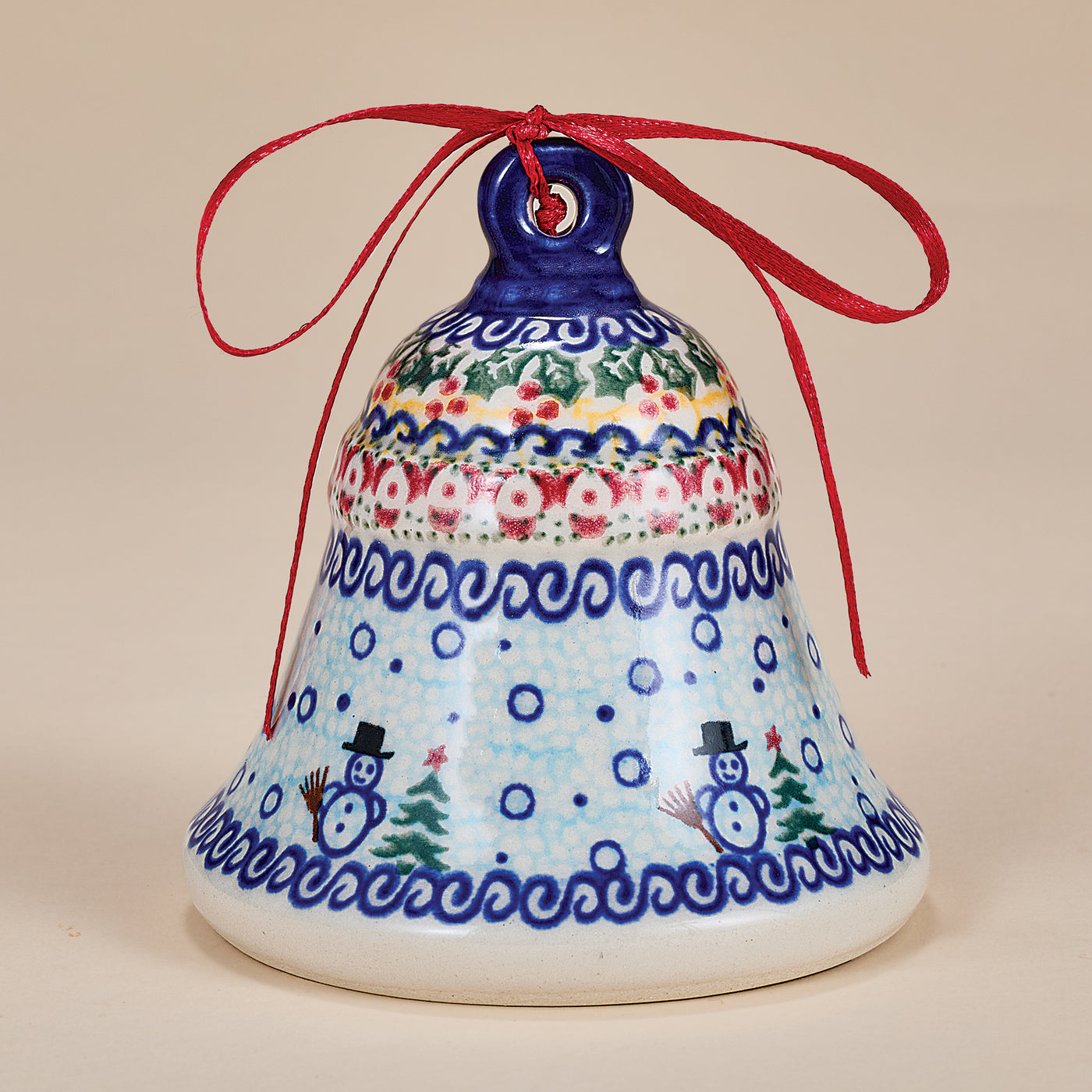 Polish Pottery Flurry Of Snowmen Bell Ornament