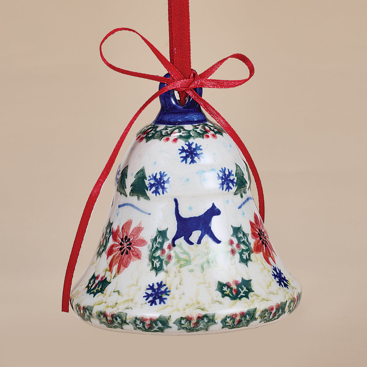 Polish Pottery Festive Felines Bell Ornament