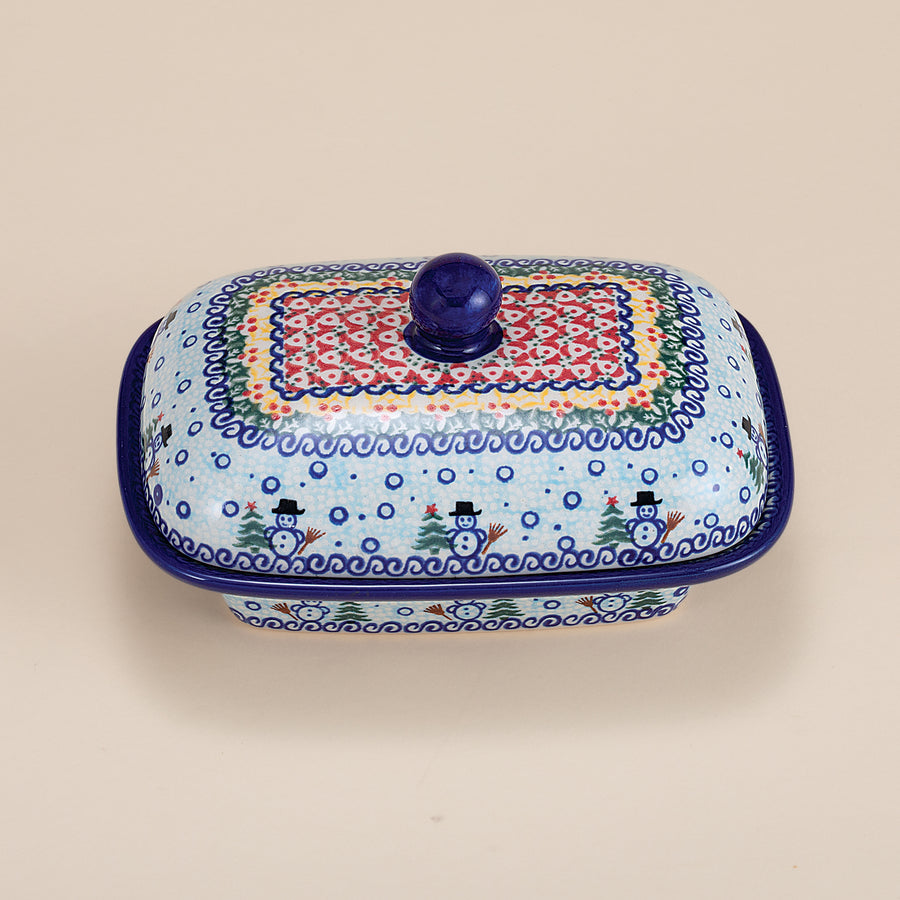 Polish Pottery Flurry Of Snowmen Butter Dish (Preorder)