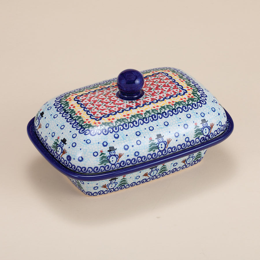 Polish Pottery Flurry Of Snowmen Butter Dish (Preorder)