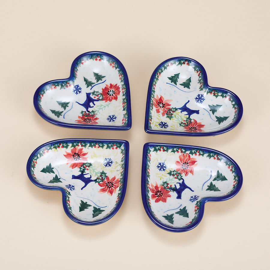 Polish Pottery Festive Felines Heart Dishes Set Of 4