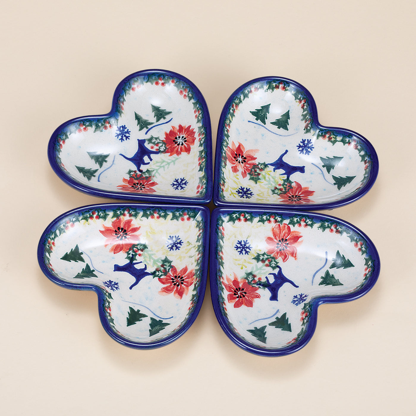 Polish Pottery Festive Felines Heart Dishes Set Of 4