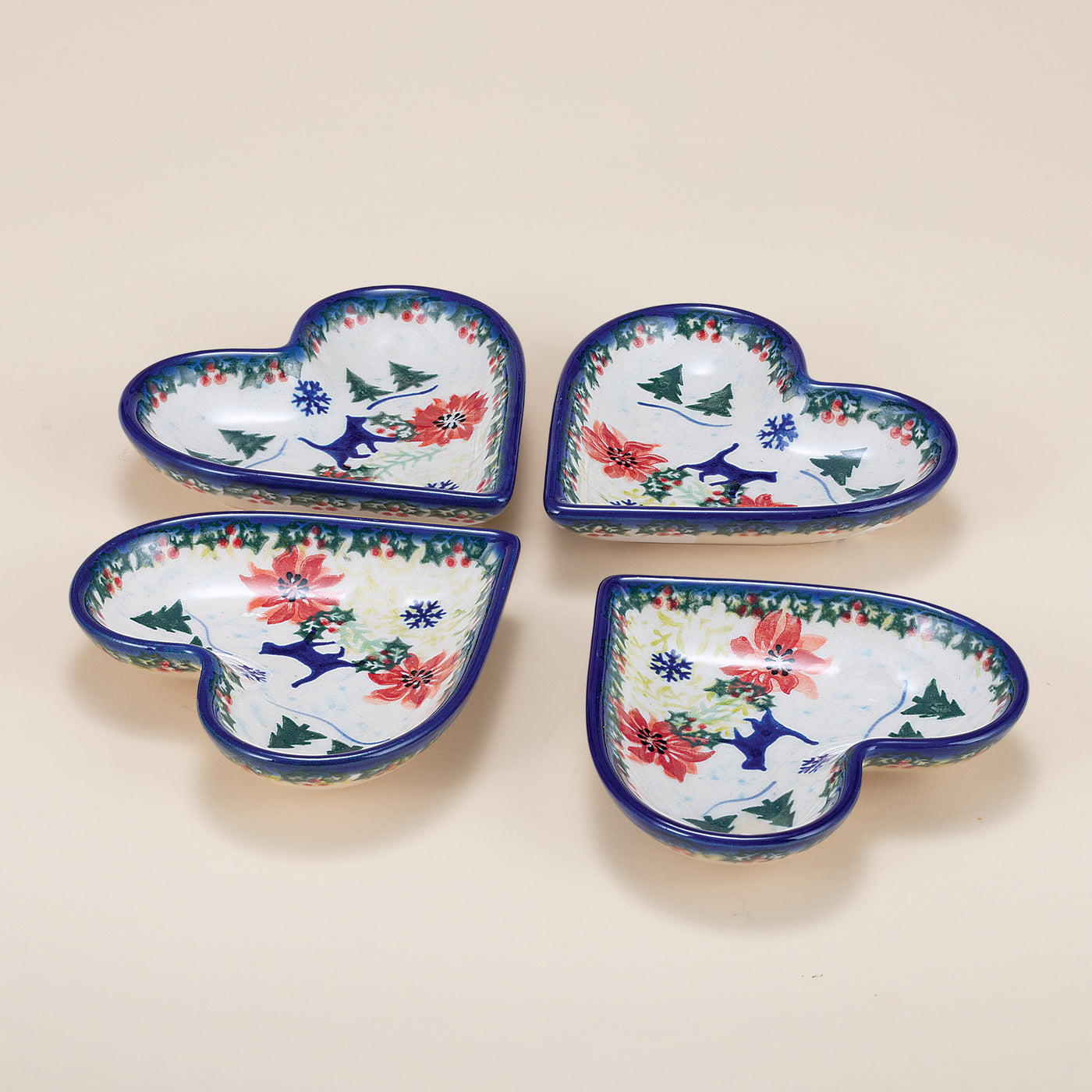 Polish Pottery Festive Felines Heart Dishes Set Of 4