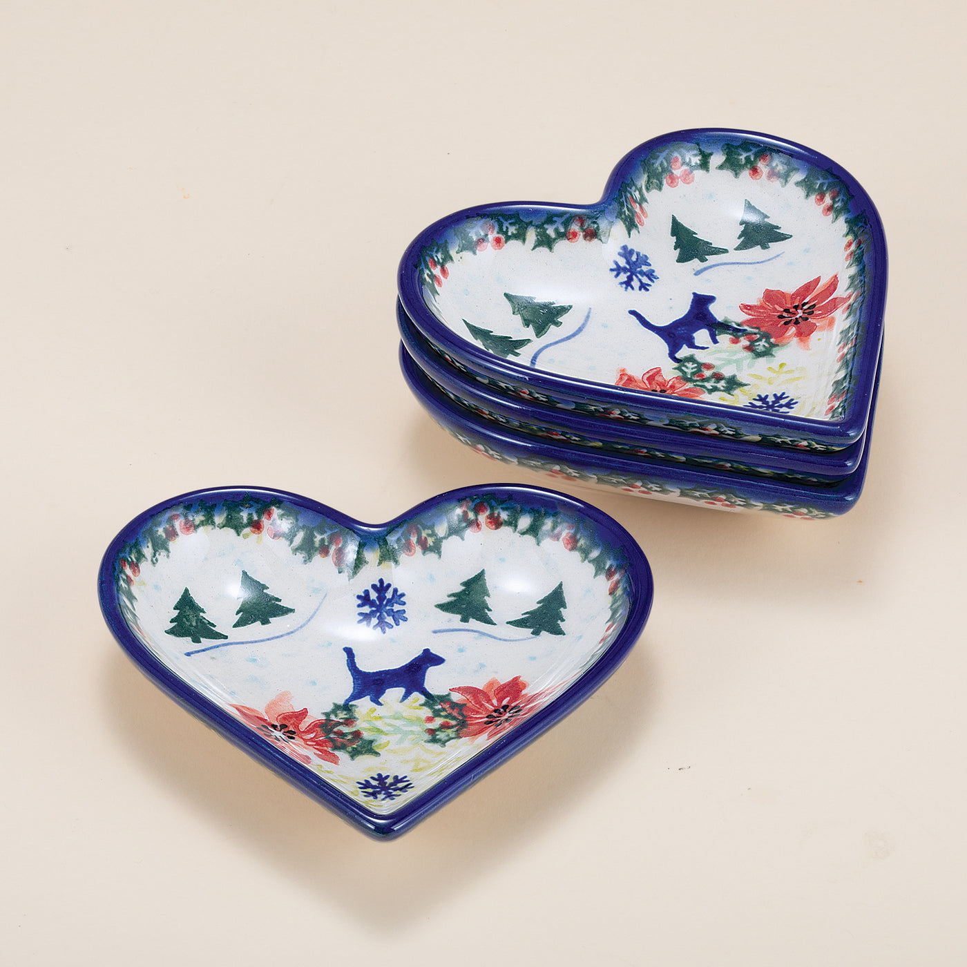 Polish Pottery Festive Felines Heart Dishes Set Of 4