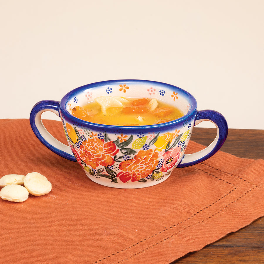 Polish Pottery Beauty In Bloom Soup Bowl With Handles