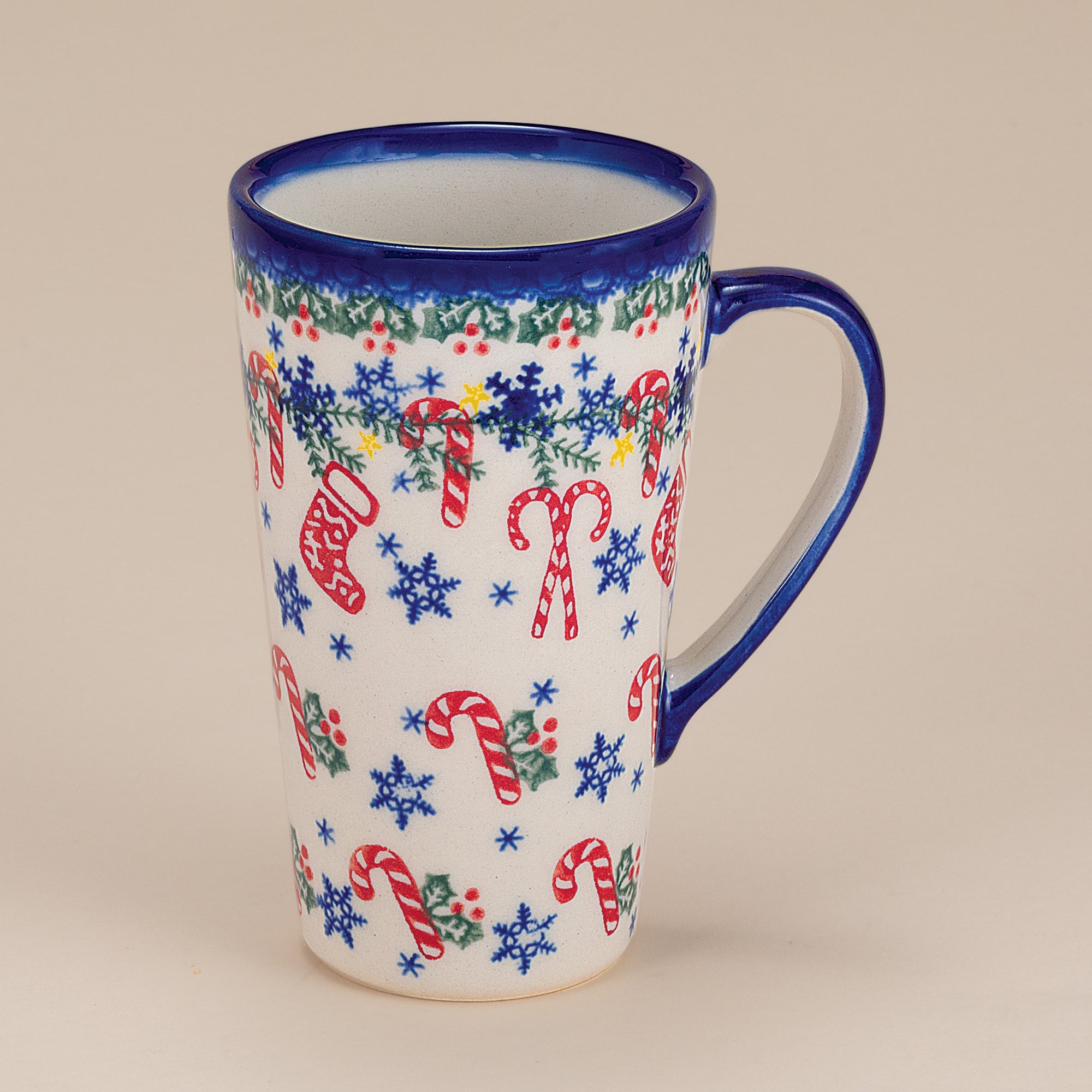 Polish Pottery Candy Cane Kisses Tall Mug, 18oz.