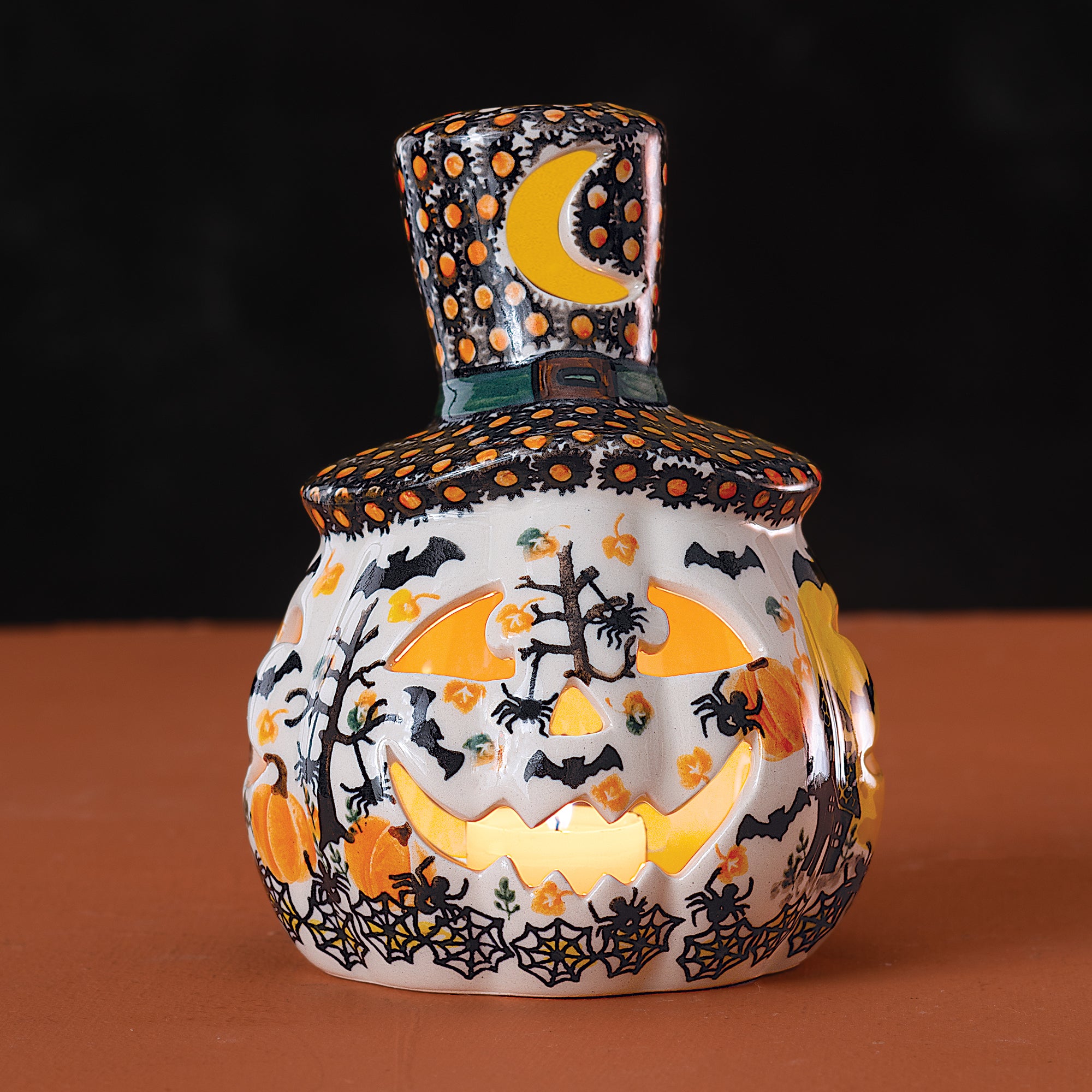 Polish Pottery Going Batty Jack O' Lantern With Top Hat