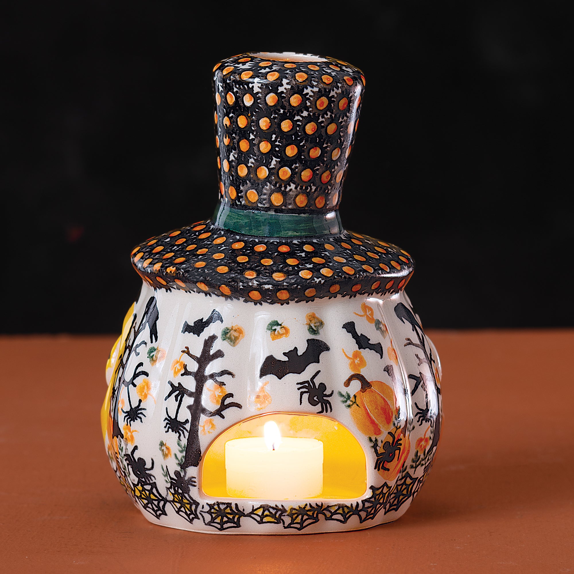 Polish Pottery Going Batty Jack O' Lantern With Top Hat