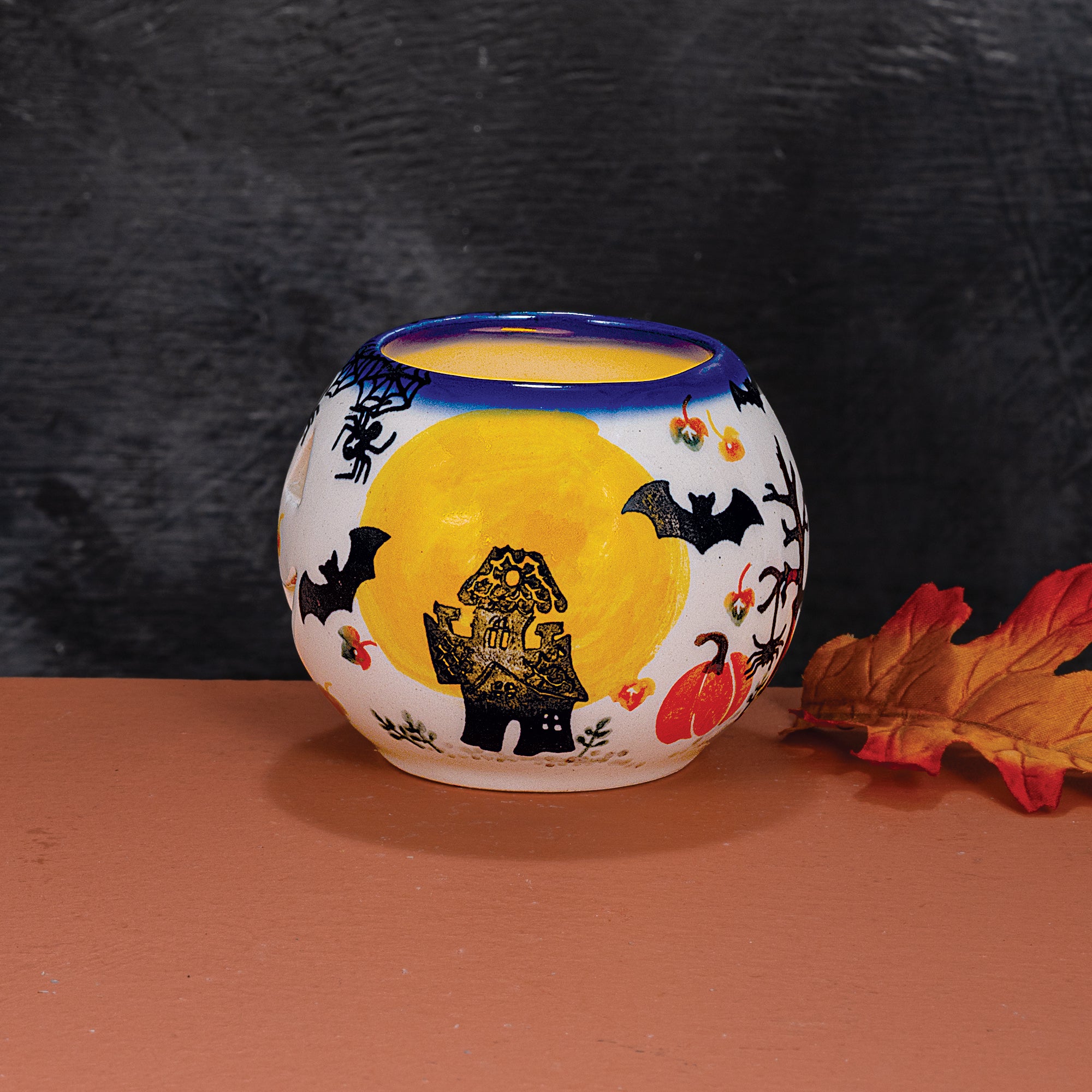 Polish Pottery Going Batty Jack O' Lantern Tealight Holder