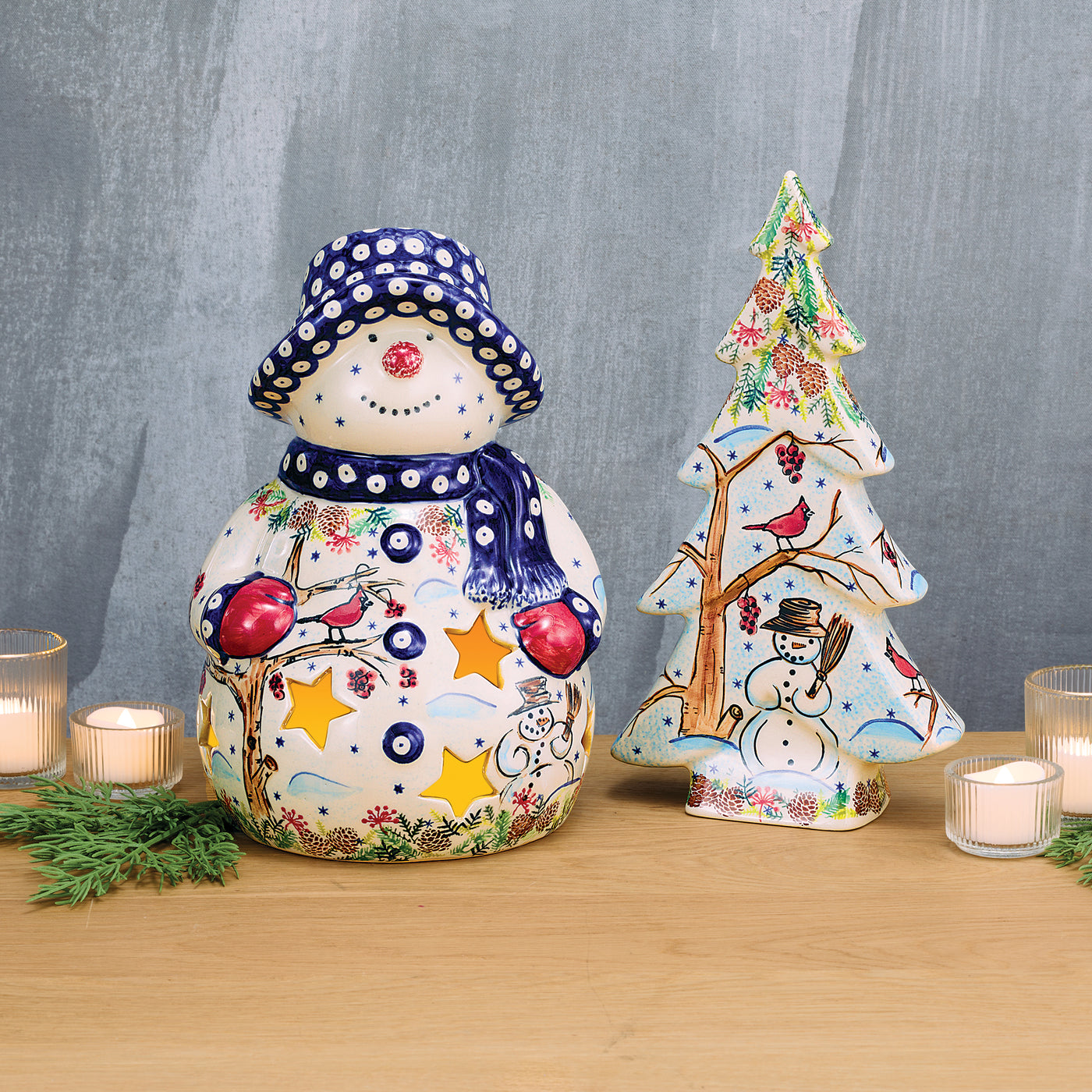 Polish Pottery Wintry Woods Snowman Luminary