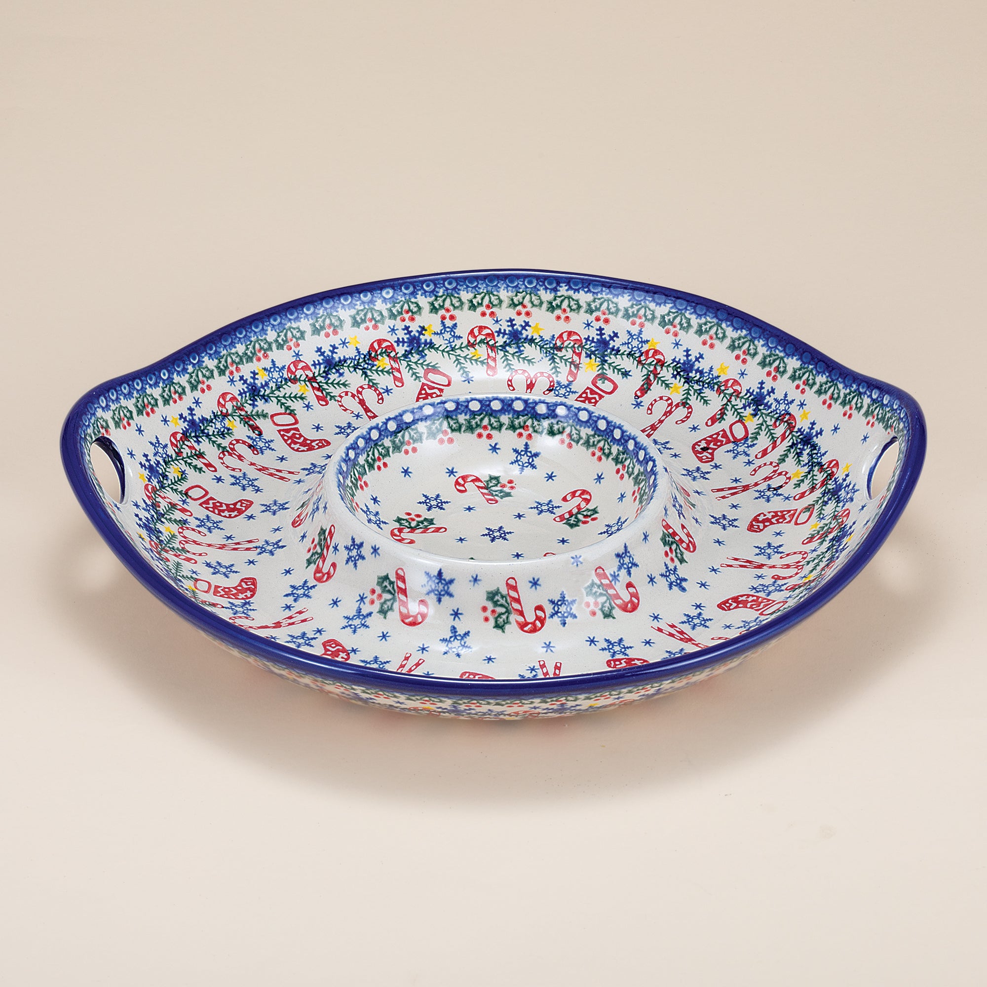 Polish Pottery Candy Cane Kisses Chip & Dip Platter