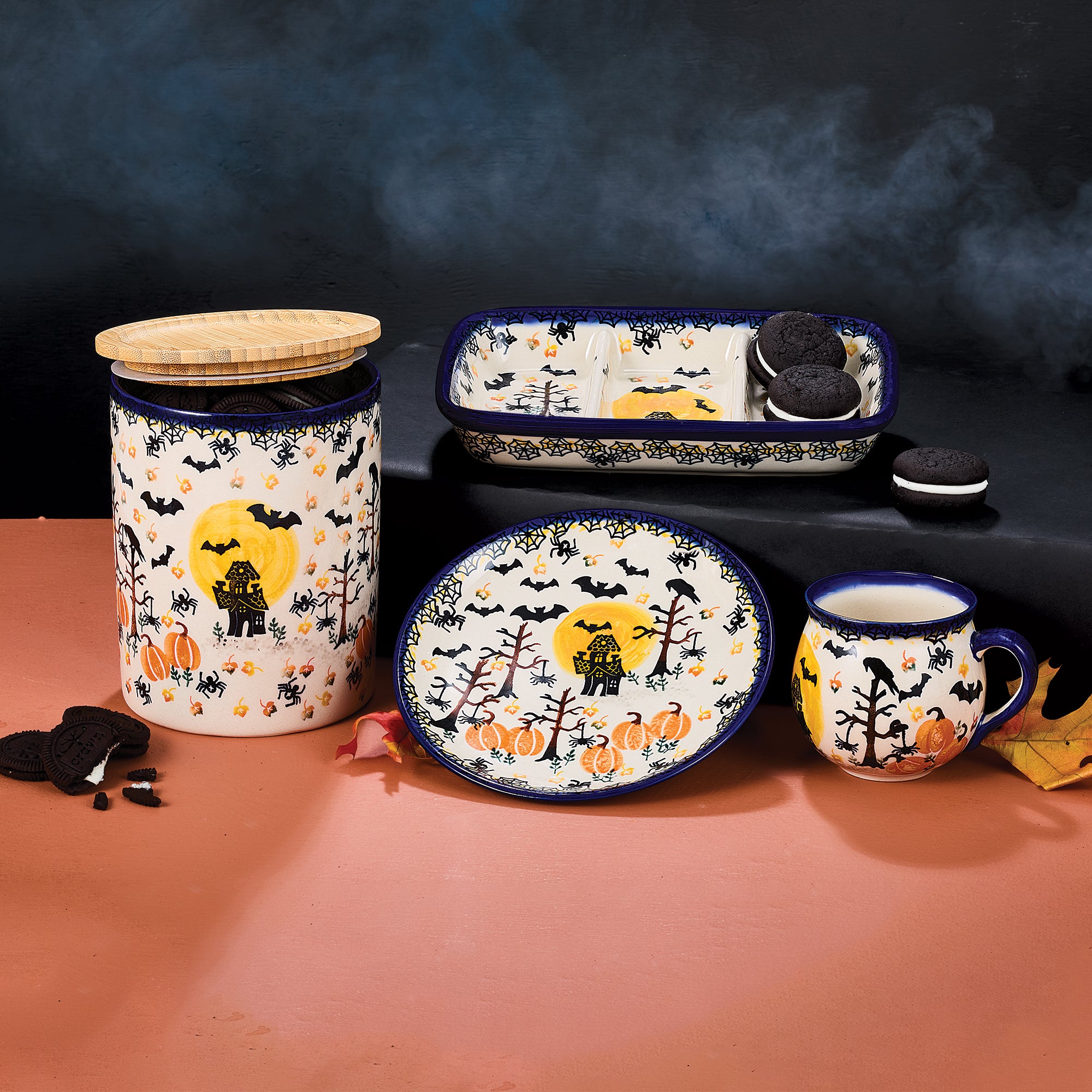 Polish Pottery Going Batty Pumpkin Container