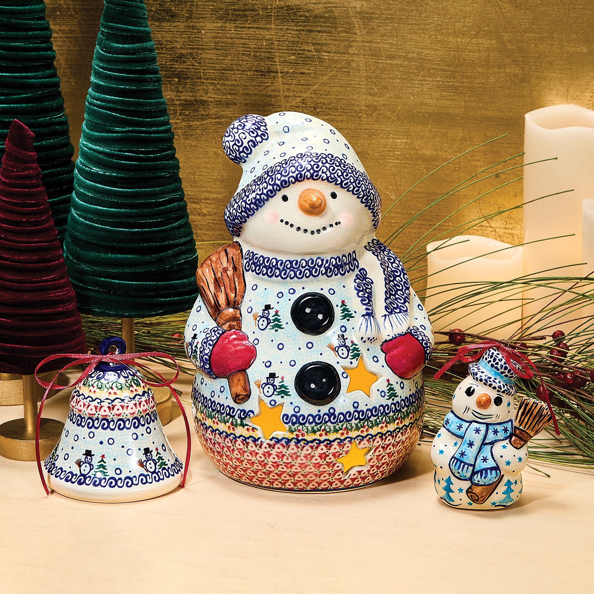 Polish Pottery Flurry Of Snowmen Luminary