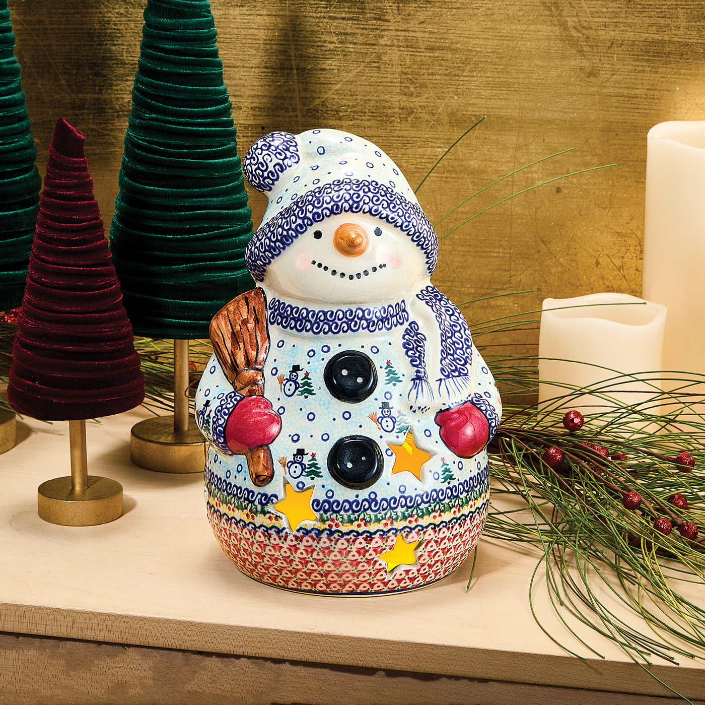 Polish Pottery Flurry Of Snowmen Luminary